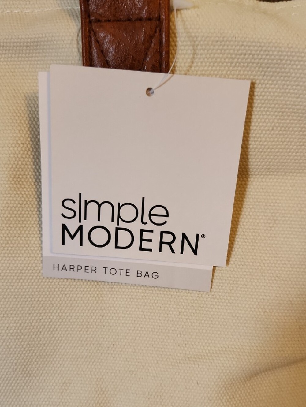 NWT Simple Modern Harper Neutral Cream Canvas Tote with Brown Trim - Picture 2 of 7